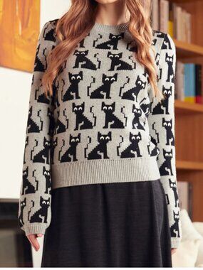 Modcloth Woman's Nostalgia Black Cat Crewneck Pull-Over Sweater Sz Lr